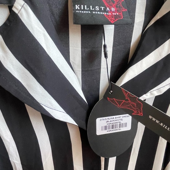 NWT KILLSTAR DRESS black and white stripped double breasted pockets belt SZ L - Picture 2 of 6